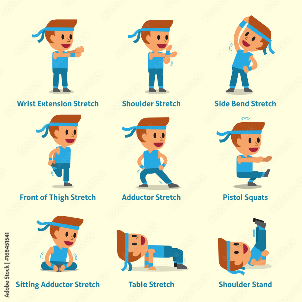 Cartoon set of man doing exercises for health and fitness Cartoon set of man doing exercises for health and fitness