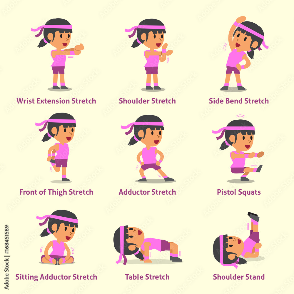 Cartoon set of woman doing exercises for health and fitness