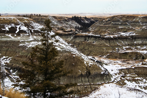 Horseshoe canyon in Alberta under a soft dusting of snow