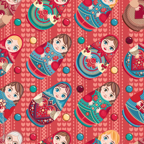 Russian souvenir. Matryoshka - babushka doll. Seamless pattern. Vector