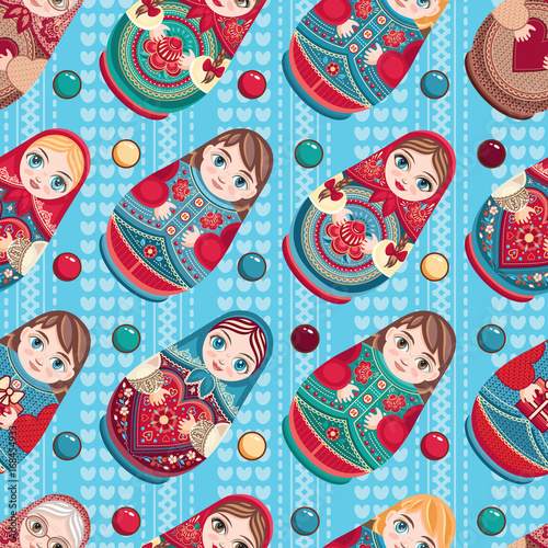 Russian souvenir. Matryoshka - babushka doll. Seamless pattern. Vector