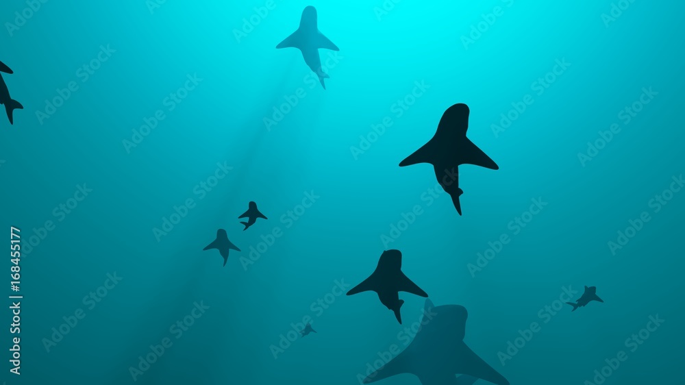 Obraz premium School of sharks swimming in blue water. 3d rendering. Bottom view from underneath