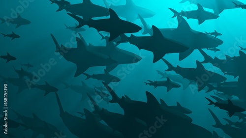 School of sharks swimming in blue water. 3d rendering. Side view . Medium population.