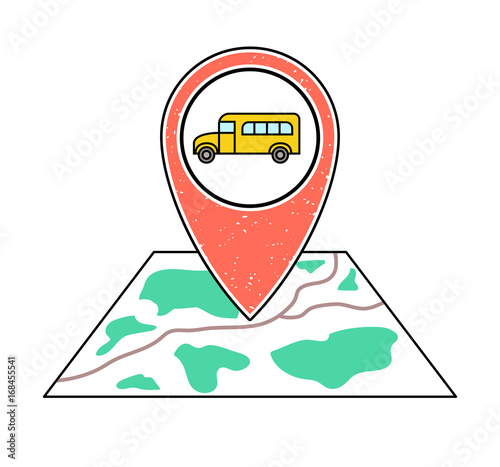 Textured orange geotag icon with yellow school bus symbol pointing at a map.GPS navigation.Mobile device, smartphone app, website vector illustration. Bus stop location on a city plan. Student guide.