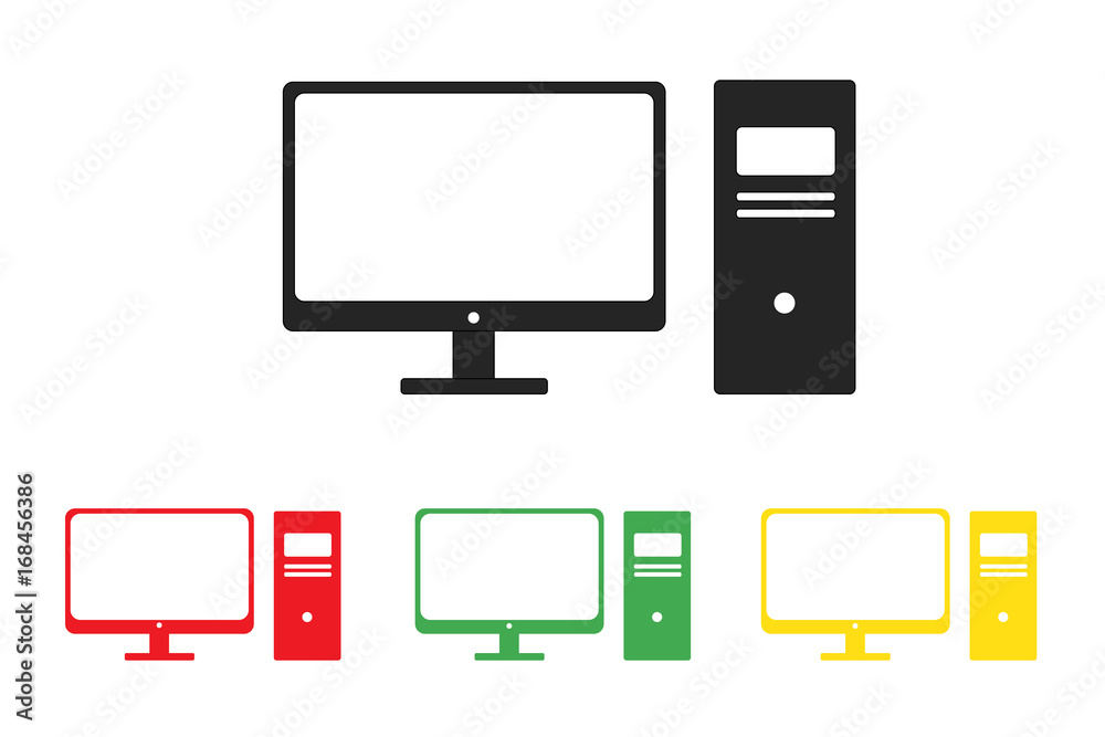 Computer and widescreen monitor icon set ( black, red, green, yellow ) on white background. PC symbol. Flat Vector illustration EPS10.
