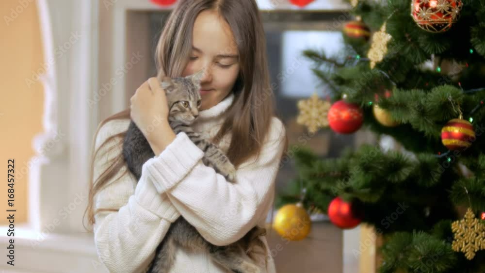 Portrait of cute cheerful girl caressing her cute gray kitten next to decorated Christmas tree Portrait of cute cheerful girl caressing her cute gray kitten next to decorated Christmas tree
