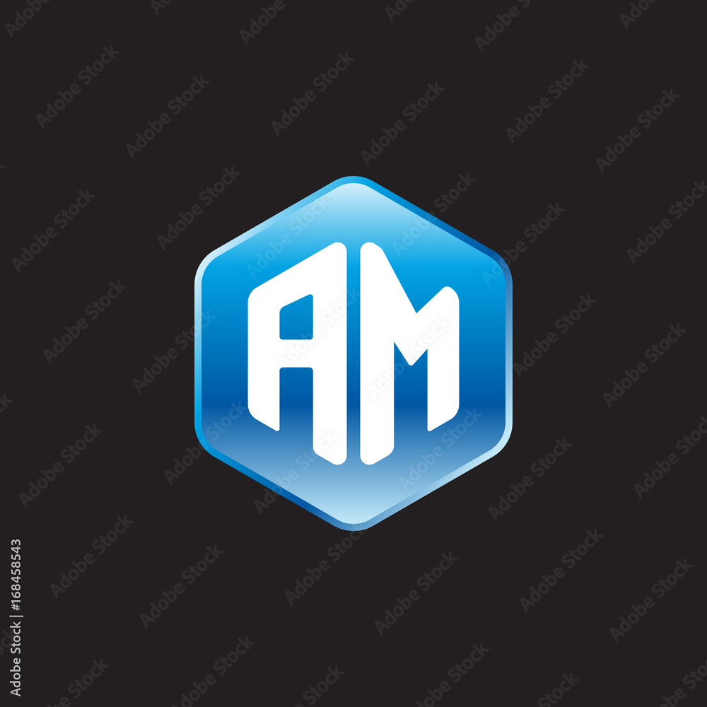 Initial letter AM, modern glossy hexagon logo, gradient blue color on black background
Initial letter AM, modern glossy hexagon logo, gradient blue color on black background