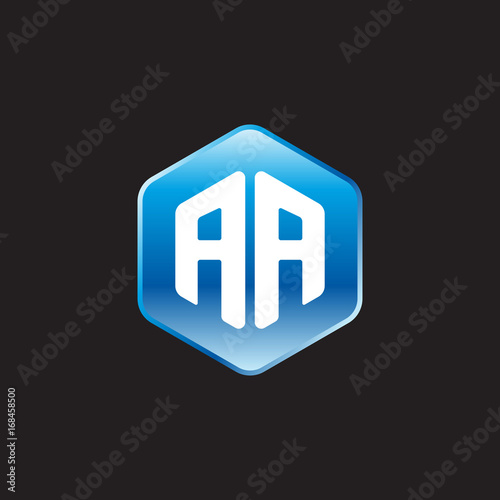 Initial letter AA, modern glossy hexagon logo, gradient blue color on black background	
 
