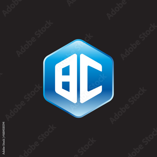 Initial letter BC, modern glossy hexagon logo, gradient blue color on black background	
 
