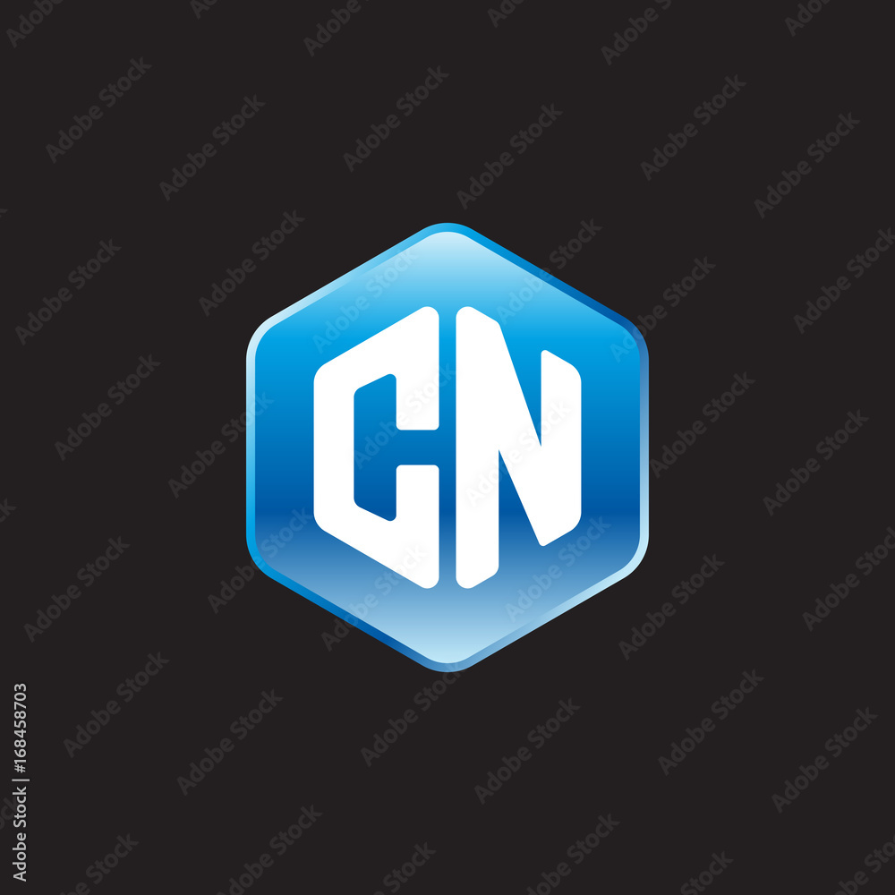 Initial letter CN, modern glossy hexagon logo, gradient blue color on black background
Initial letter CN, modern glossy hexagon logo, gradient blue color on black background
