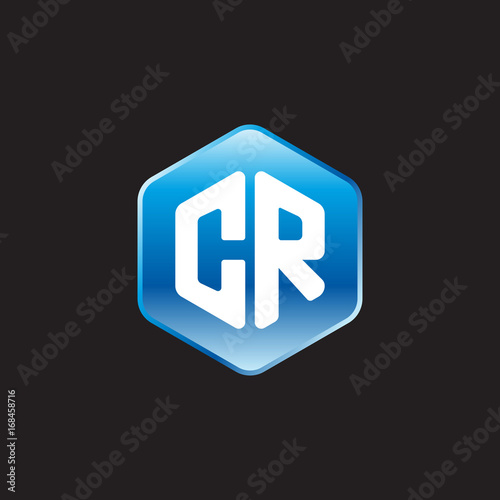 Initial letter CR, modern glossy hexagon logo, gradient blue color on black background	
 
