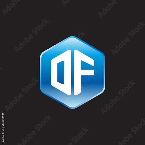 Initial letter DF, modern glossy hexagon logo, gradient blue color on black background	
 
