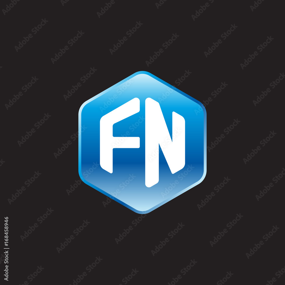 Initial letter FN, modern glossy hexagon logo, gradient blue color on black background
Initial letter FN, modern glossy hexagon logo, gradient blue color on black background