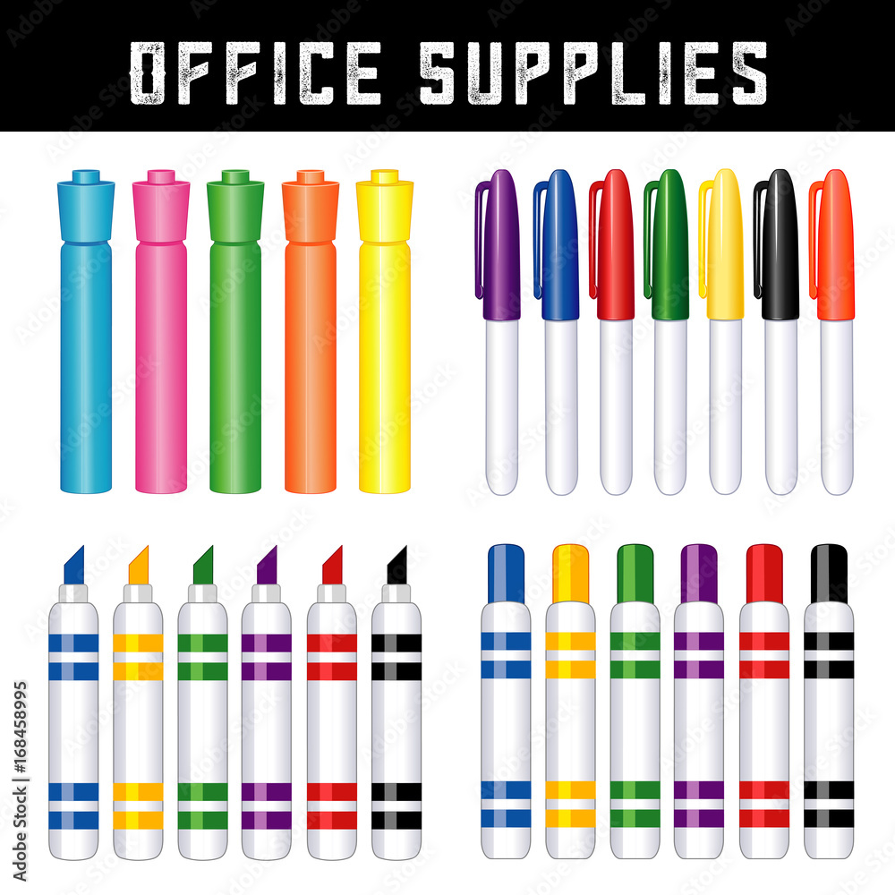 Obraz premium Office Supplies, Felt tip marker pens and highlighters, office supplies, art supplies for home and back to school projects, scrapbooks.