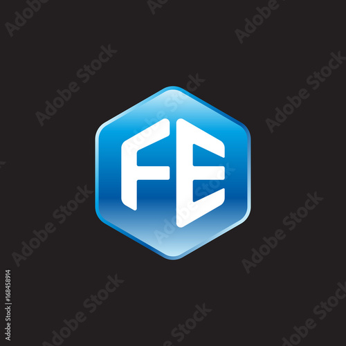 Initial letter FE, modern glossy hexagon logo, gradient blue color on black background 