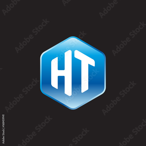 Initial letter HT, modern glossy hexagon logo, gradient blue color on black background