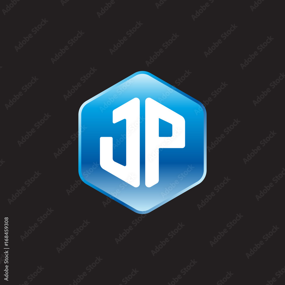 Initial letter JP, modern glossy hexagon logo, gradient blue color on black background
Initial letter JP, modern glossy hexagon logo, gradient blue color on black background