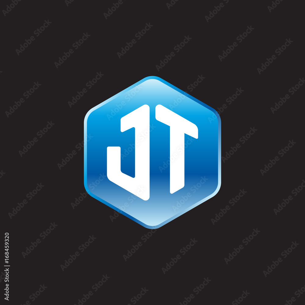 Initial letter JT, modern glossy hexagon logo, gradient blue color on black background	
 
