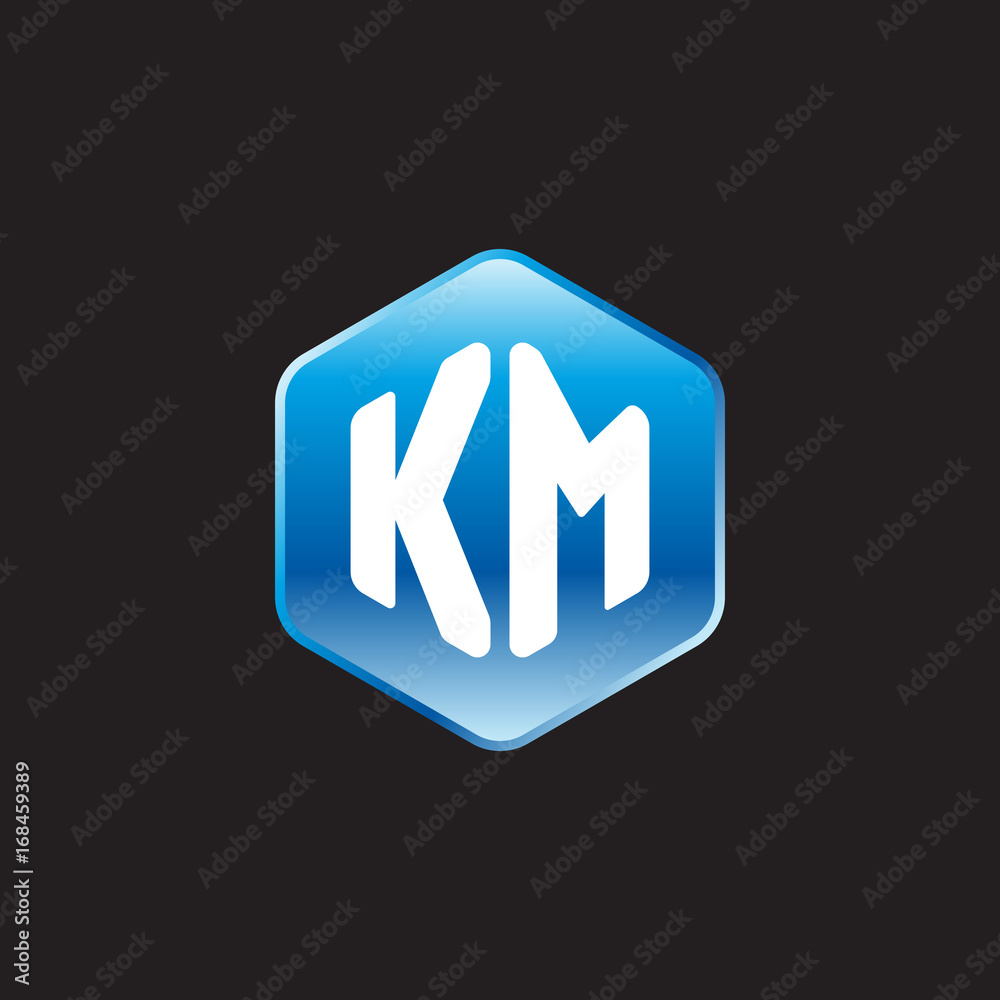 Initial letter KM, modern glossy hexagon logo, gradient blue color on black background
Initial letter KM, modern glossy hexagon logo, gradient blue color on black background