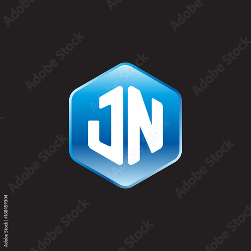 Initial letter JN, modern glossy hexagon logo, gradient blue color on black background 