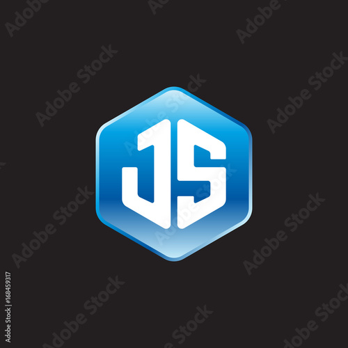 Initial letter JS, modern glossy hexagon logo, gradient blue color on black background 