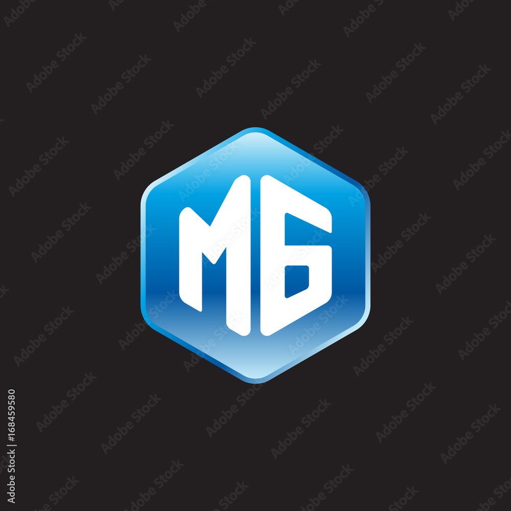 Initial letter MG, modern glossy hexagon logo, gradient blue color on black background
Initial letter MG, modern glossy hexagon logo, gradient blue color on black background
