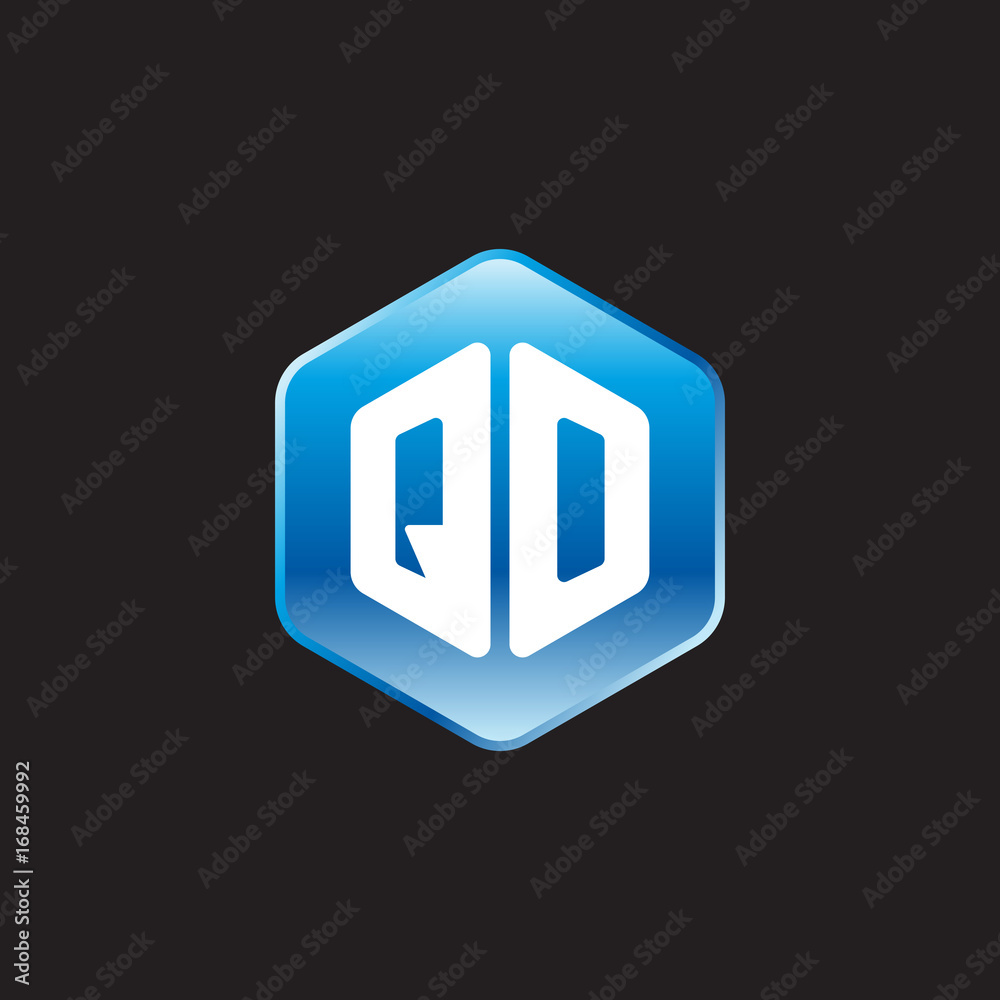 Initial letter QO, modern glossy hexagon logo, gradient blue color on black background	
 
