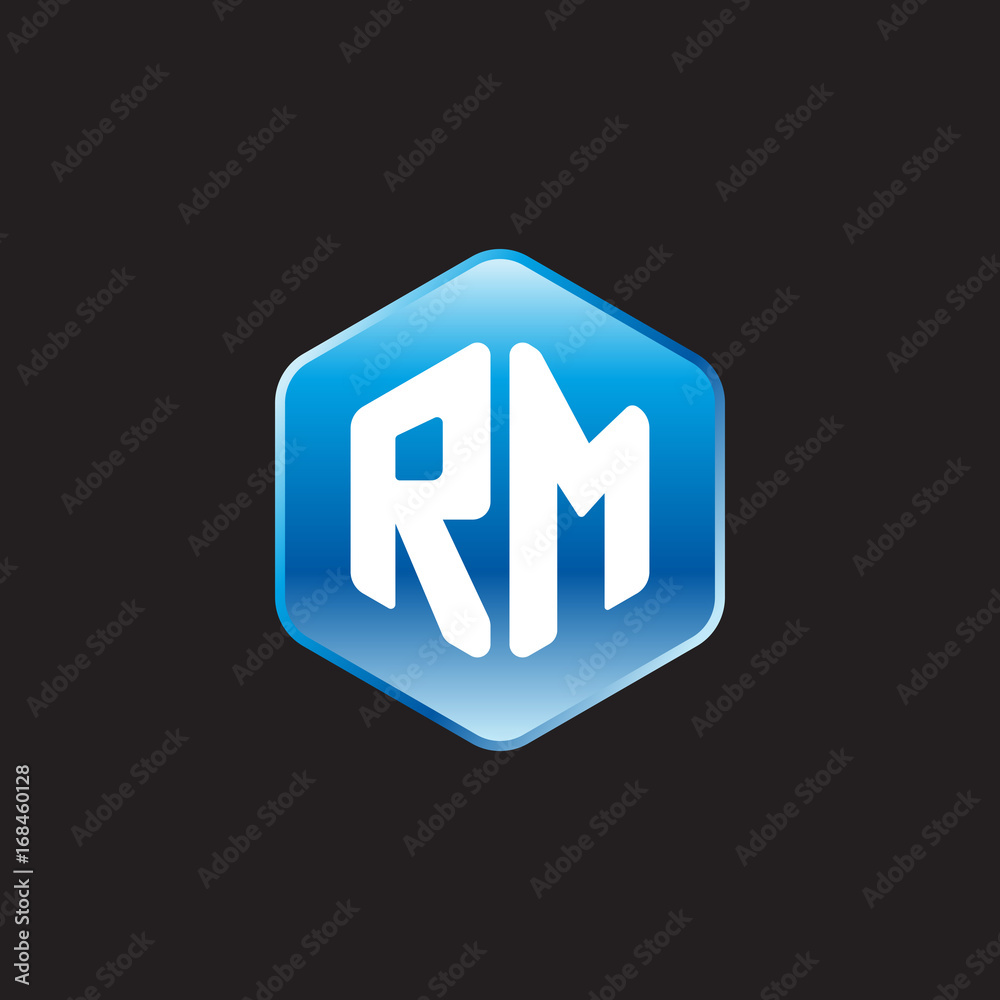 Initial letter RM, modern glossy hexagon logo, gradient blue color on black background
Initial letter RM, modern glossy hexagon logo, gradient blue color on black background