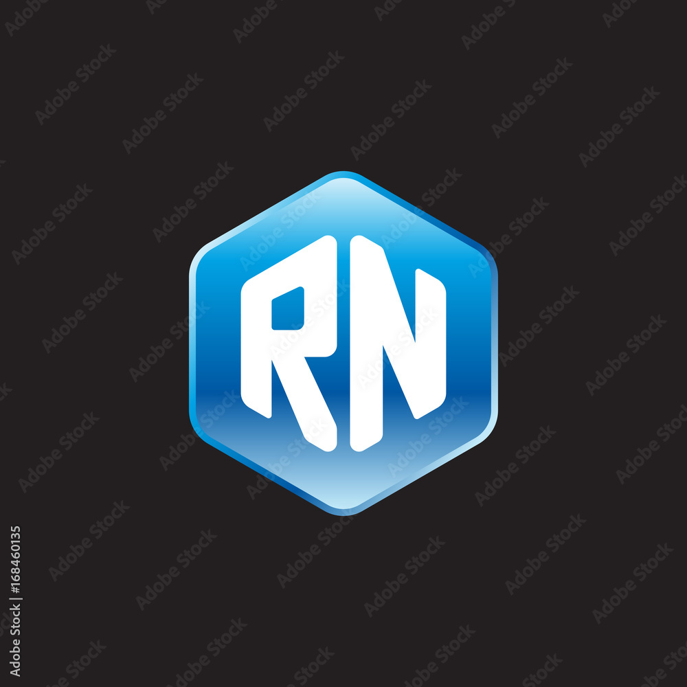 Initial letter RN, modern glossy hexagon logo, gradient blue color on black background
Initial letter RN, modern glossy hexagon logo, gradient blue color on black background