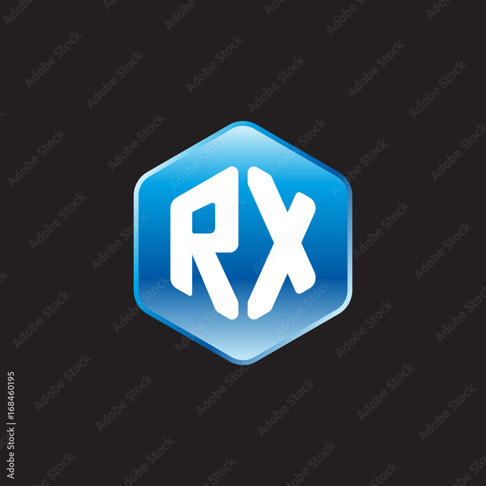 Initial letter RX, modern glossy hexagon logo, gradient blue color on black background
Initial letter RX, modern glossy hexagon logo, gradient blue color on black background
