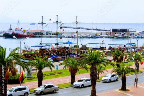 Sailing ships for sea excursions in the city harbor (Antalya, Turkey).