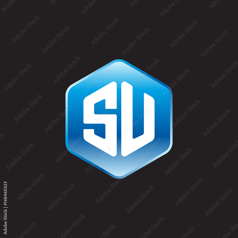 Initial letter SU, modern glossy hexagon logo, gradient blue color on black background	
 
