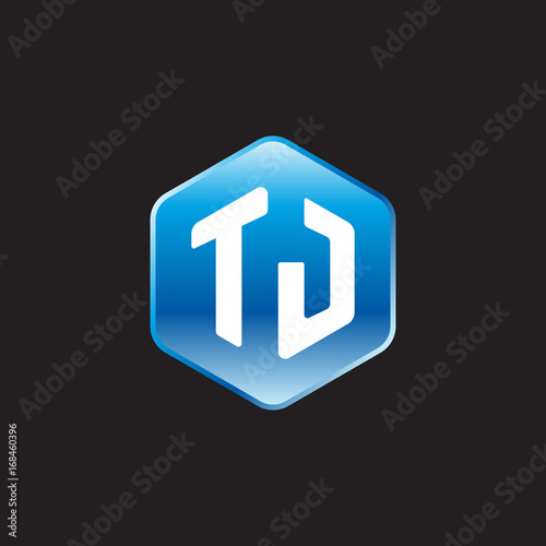 Fototapeta Naklejka Na Ścianę i Meble -  Initial letter TJ, modern glossy hexagon logo, gradient blue color on black background	
 
