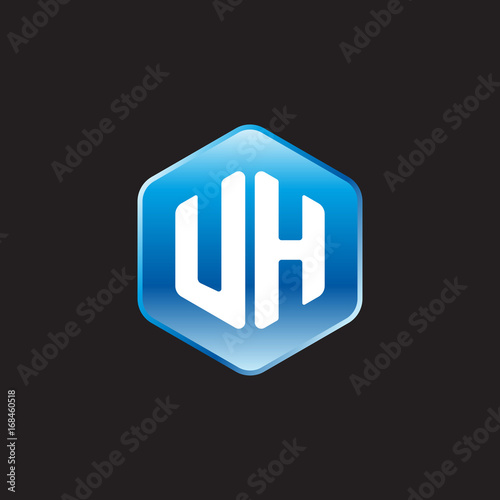 Initial letter UH, modern glossy hexagon logo, gradient blue color on black background 