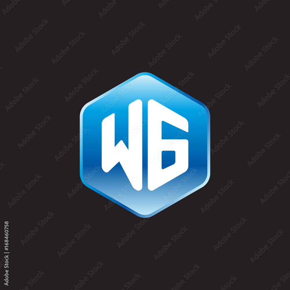 Initial letter WG, modern glossy hexagon logo, gradient blue color on black background	
 

