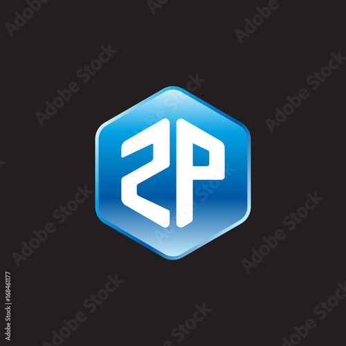 Initial letter ZP, modern glossy hexagon logo, gradient blue color on black background	
 
