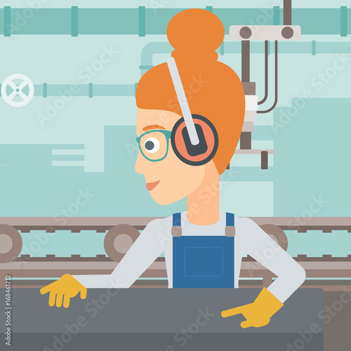 A woman working on a steel-rolling mill on the background of factory workshop with conveyor belt vector flat design illustration. Square layout. 