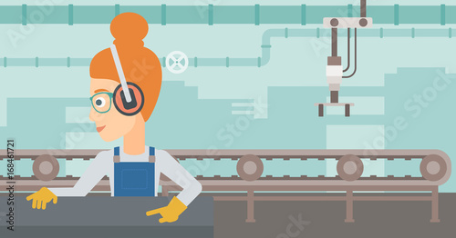 A woman working on a steel-rolling mill on the background of factory workshop with conveyor belt vector flat design illustration. Horizontal layout. 