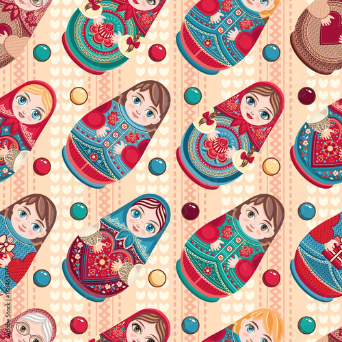 Russian souvenir. Matryoshka - babushka doll. Seamless pattern. Vector