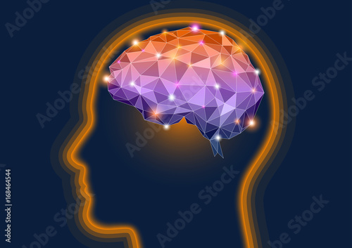 Illustration of a silhouette human head with orange glow and polygonal brain