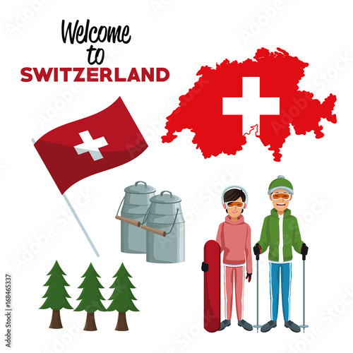 white background of welcome to switzerland with traditional elements and skiers people vector illustration