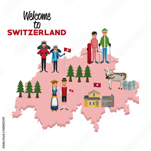 white background of welcome to switzerland with traditional people in silhouette map vector illustration