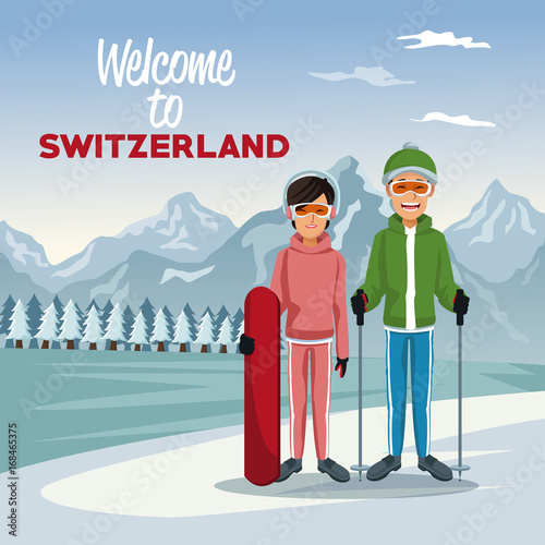 winter mountain landscape poster with tourist couple skiers people and text welcome to switzerland vector illustration