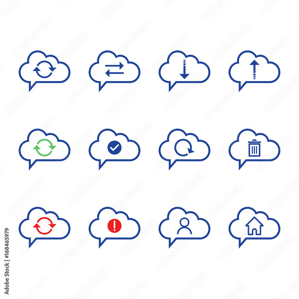 Cloud Computing icons set with blue thin line. Includes such as Data Synchronization, Transfer, Access, download, upload, account and other. Cloud Computing icons set with blue thin line. Includes such as Data Synchronization, Transfer, Access, download, upload, account and other.