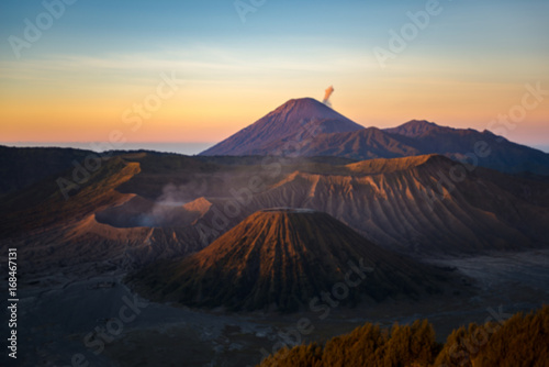 blur Bromo, Semeru, and Batok volcano mountain in a morning, East Java, Indonesia, Asia
