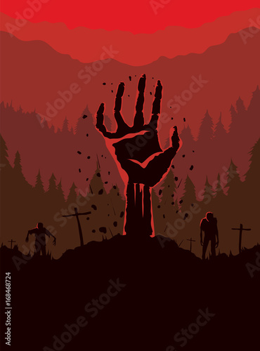 Zombie hand rising out of the grave in the cemetery at night. This illustration is Halloween theme.