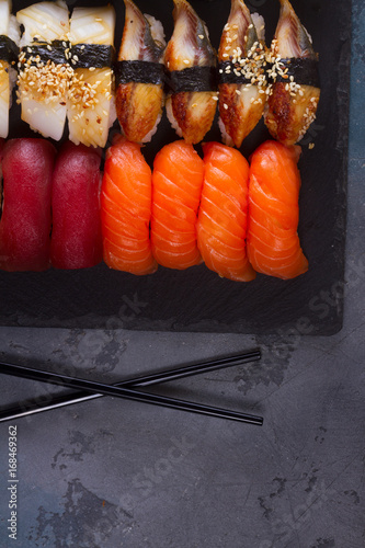 Japanese sushi set with wooden black chopsticks