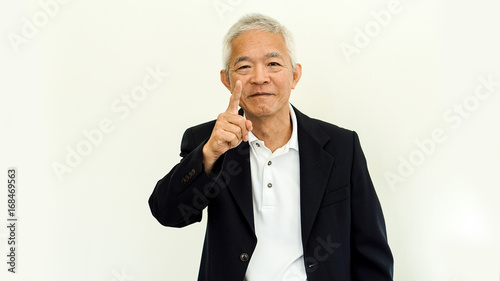 Old Asian senior man casual business suit with happy face and hand gesture