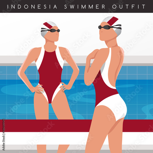 Female Swimmers : Swimmers in National Swimsuits : Vector Illustration