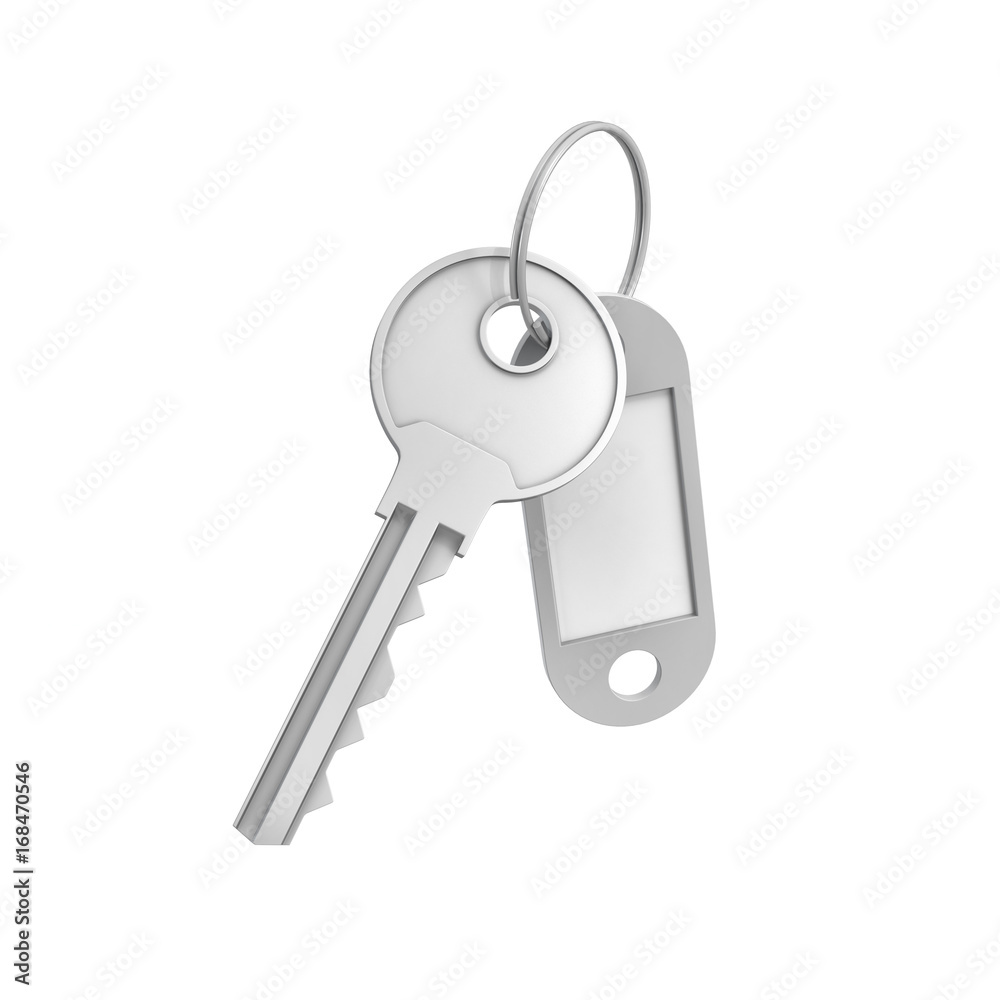 3d rendering of a single silver key with label isolated on white background 3d rendering of a single silver key with label isolated on white background